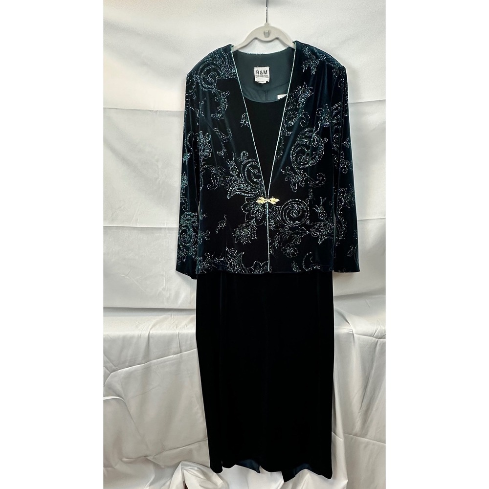 R&M Richards  Velour Paisley Burnout‎ Jacket Dress Set Teal Evening VTG